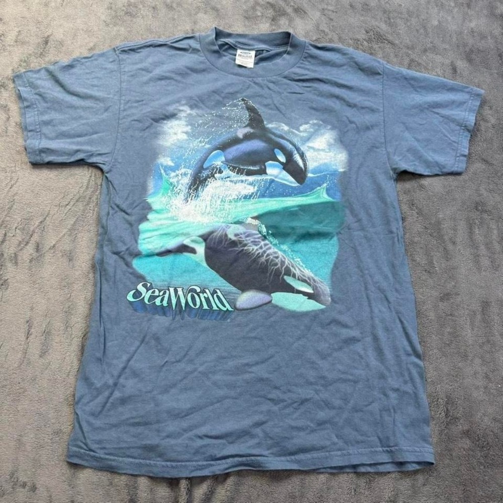 SeaWorld Orca Graphic T-Shirt Men's Medium Blue Killer Whale Vintage 90s
